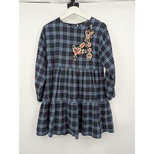 Zara Girls Plaid Floral Sequin Tiered Dress Girls 11/12 Flannel